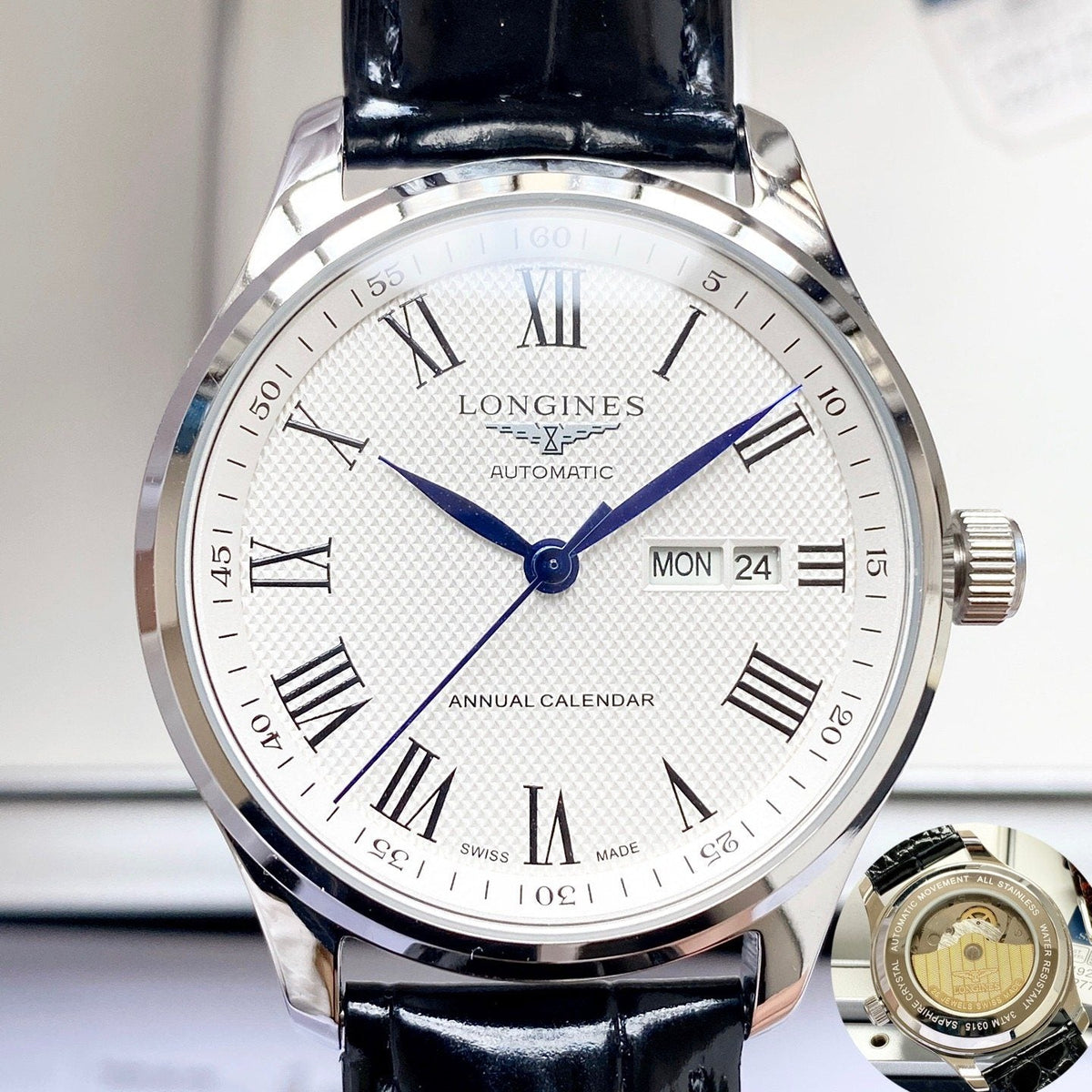 Longines White Dial Leather Strap Watch — hero