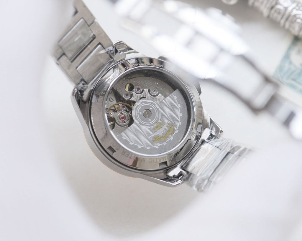 Longines Rose Gold Silver Green Dial Bracelet Watch — back