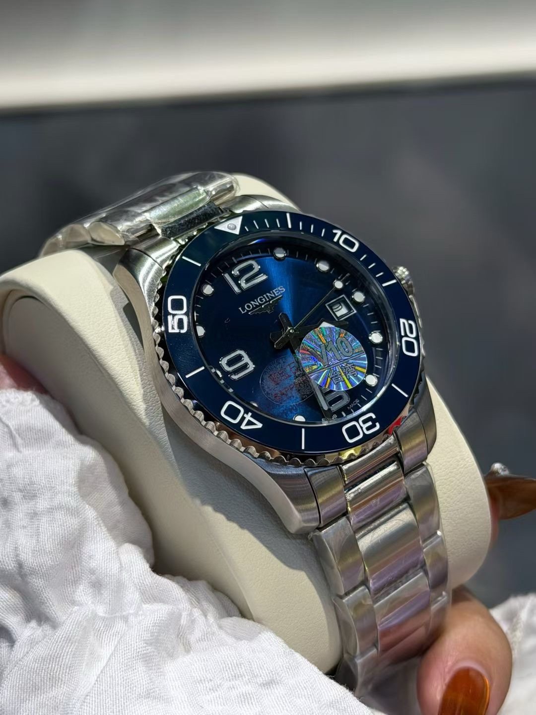 Longines Blue Bezel Link Bracelet Watch — front